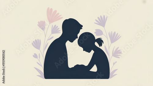 Silhouette of a man and a girl with flowers love and family concept tender moment