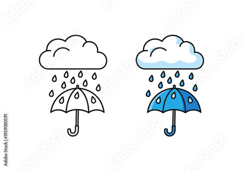 Cartoon clouds raining umbrellas outline blue weather protection