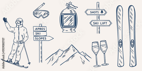 Winter sports equipment and apr s ski elements in a hand drawn style