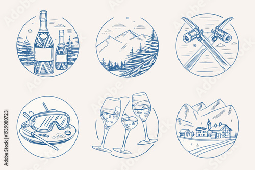 Winter holiday themed sketches champagne mountains skiing and apr s ski