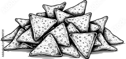 Black and White of a Pile of Tortilla Chips with Detailed Texture and Shadowing nachos
