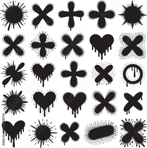 A collection of black graffiti symbols and icons on a white background