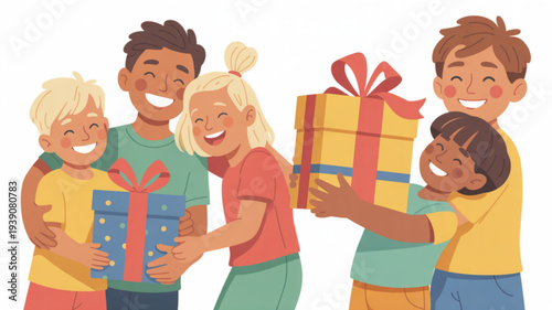 Diverse family and friends sharing gifts with smiles and hugs on a white background celebrating a special occasion with colorful presents