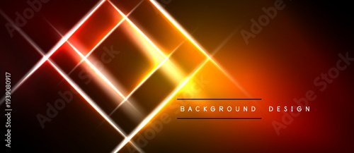 Abstract neon lines create dynamic geometric pattern. Bright orange, yellow glow contrasts dark background. Modern design element.