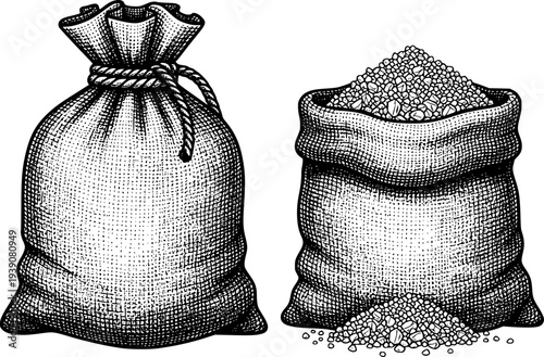 Vintage Style Burlap Sacks Tied Closed Open With Grains Spilling Out food