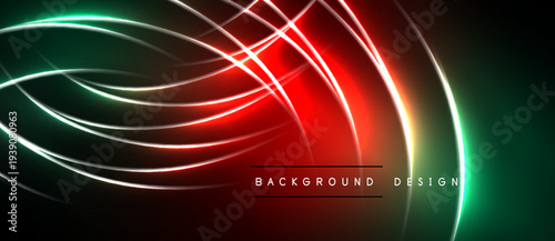 Abstract neon lines create dynamic curves, gradients. Dark background emphasizes bright illumination, modern design elements.