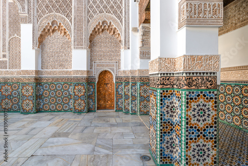 Intricate Moorish Architecture of Ben Youssef Madrasa in Marrakesh, Morocco