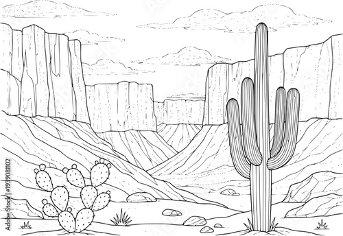 Desert landscape with saguaro and prickly pear cacti and canyon cliffs cactus