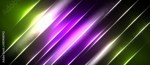 Abstract diagonal lines create vibrant glow. Green, purple, white hues dominate dark background. Dynamic energy radiates from central light source.