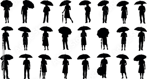 Black silhouettes of people standing with umbrellas in various poses for rain protection and weather concepts isolated on white background