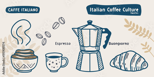 Italian coffee culture illustrated with espresso moka pot and croissant