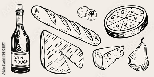 A sketched assortment of wine bread cheese and fruit
