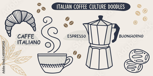 Italian coffee culture illustration featuring doodles of coffee and pastries