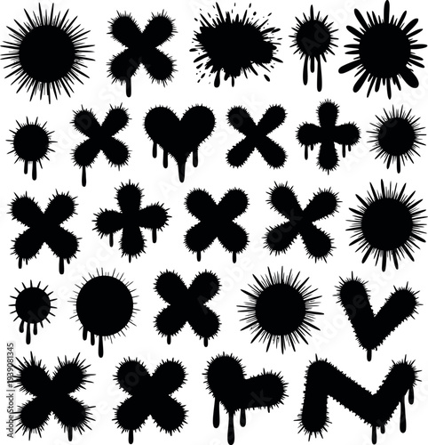 A collection of black graffiti symbols and marks on a white background