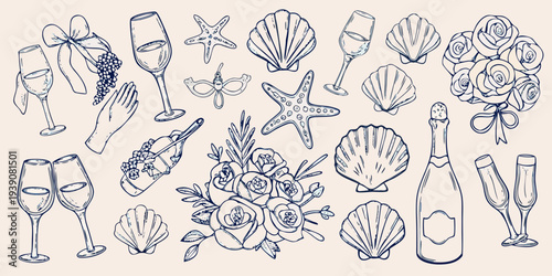 Hand drawn illustration featuring seashells wine glasses and floral bouquets