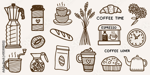 A collection of hand drawn coffee pastries and breakfast elements