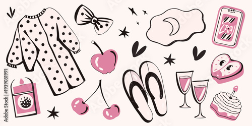 Whimsical illustration featuring clothing food and playful decorative elements