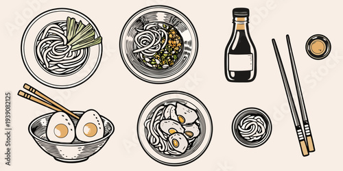 Ramen and japanese cuisine illustration with bowls eggs and condiments