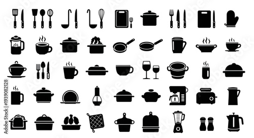 Collection of kitchenware icons for cooking and dining.