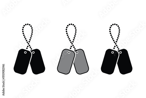 Dog tags silhouette vector illustration, three military identification tags in varying shades