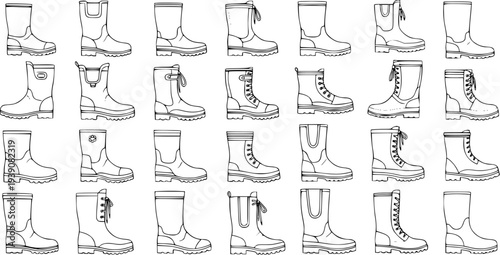 Detailed vector line art collection of various boot styles. Set of 30 different outline illustrations including rain boots, work boots, and fashion boots for footwear design.