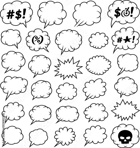 A collection of various comic book style speech bubbles and thought clouds on a white background