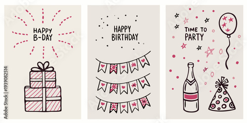 Colorful birthday card designs with gifts bunting and celebratory elements