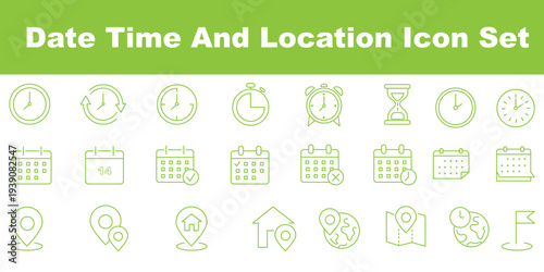 Time, date and address line icons set. calendar, clock, gps point, flag point, globe point Containing hourglass, pin, stopwatch. Editable stroke for mobile and web. Isolated on white background.
