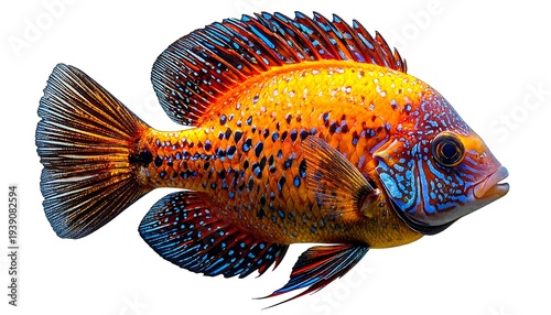Vibrant fish Orange and blue scales, dorsal fin raised against a white background, showcasing its unique patterns