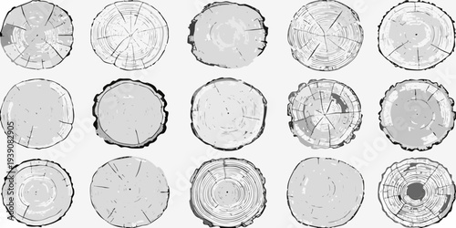 Arrangement of grayscale tree stump cross sections in a grid pattern