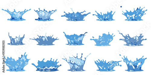 A sequence of water splash shapes isolated on a black background