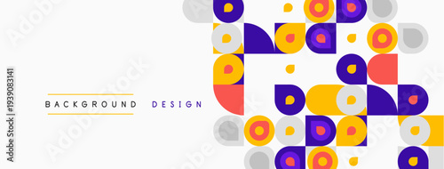 Abstract geometric pattern. Colorful circles, squares overlap creating modern design. Background features vibrant hues, simple shapes.