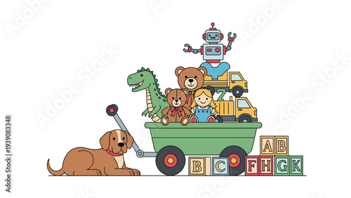 Green pull wagon filled with assorted children toys like a robot and teddy bear sits beside a calm dog and colorful alphabet blocks.