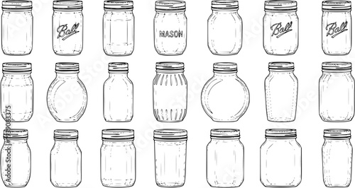 Vintage Mason Jar Collection: Hand-drawn sketch illustration of assorted empty canning jars and glass containers in various classic and unique shapes and sizes.