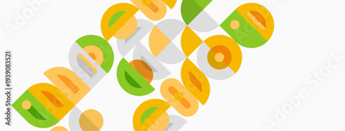 Abstract design features overlapping colorful shapes. Yellow, orange, green hues create dynamic composition. Minimalist style, modern aesthetic.