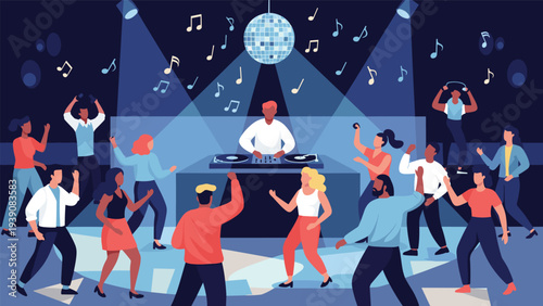Energetic group of diverse people dancing at a vibrant disco party with a professional DJ mixing tracks under a sparkling disco ball.