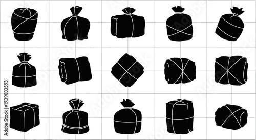 Collection of wrapped objects in various shapes and sizes on grid background