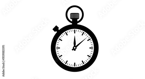 Black and white stopwatch illustration with white face and black hands on plain background