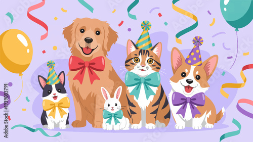 Happy pets celebrate birthday party with colorful balloons and streamers