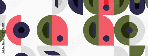 Abstract geometric pattern. Circles, semicircles, overlapping shapes create playful design. Soft colors dominate composition.
