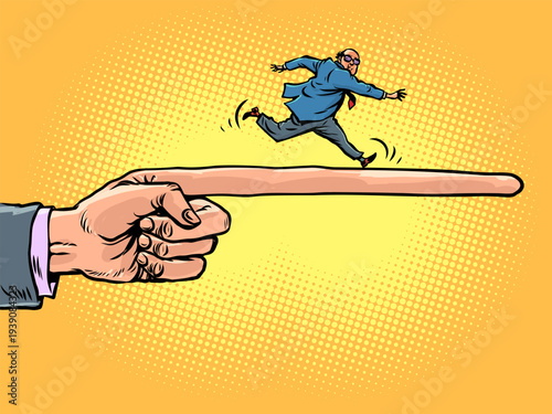 An office man runs along the boss's finger. The company's boss's orders. An angry boss.