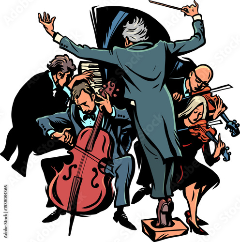 Conductor and orchestra. Promo for the music store. Online music education.