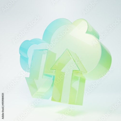 Frosted glass Cloud download and upload icon isolated on white background. Minimalism concept. 3D render illustration