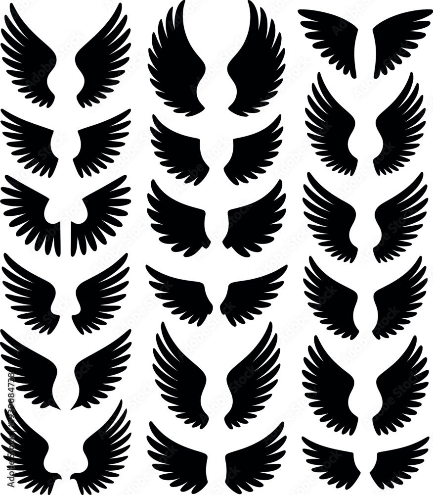 Obraz premium A collection of black wing silhouettes arranged in rows on a white background