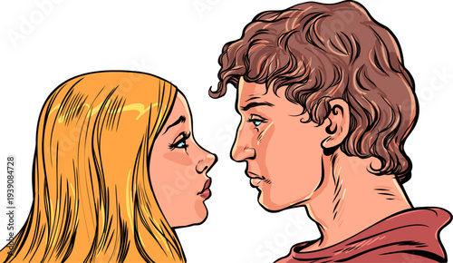 A girl and a guy opposite each other. Romantic relationships. Business proposals for young couples.