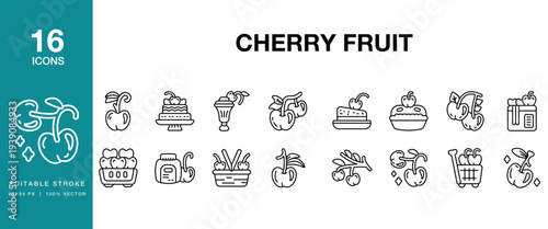 Cherry Fruit icon set. Includes cherry, fruit, fresh, ripe, juicy, red, sweet and More. Editable Stroke Icon Collection.