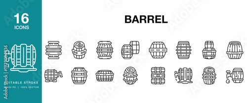 Barrel icon set. Includes barrel, cask, keg, drum, container, storage and More. Editable Stroke Icon Collection.