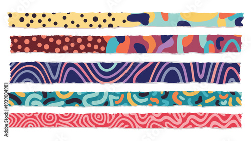 Collection of five decorative washi tape strips featuring various colorful abstract patterns like dots waves and organic shapes.