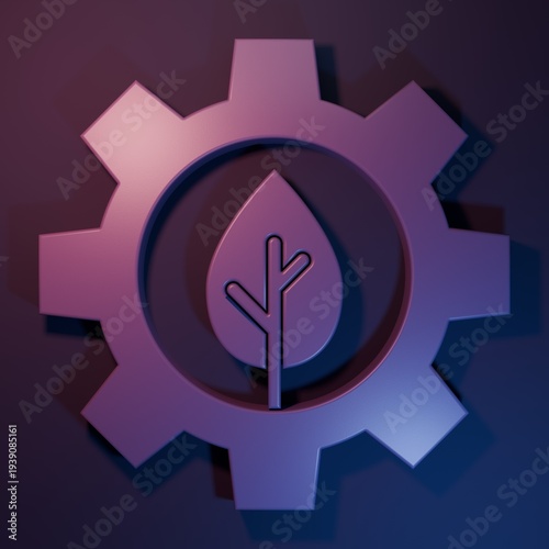 Purple Leaf plant ecology in gear machine icon isolated on purple-blue background. Eco friendly technology. World Environment day label. Minimalism concept. 3D render illustration