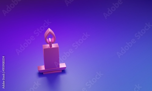 Pink Burning candle icon isolated on purple-blue background. Cylindrical candle stick with burning flame. Minimalism concept. 3D render illustration